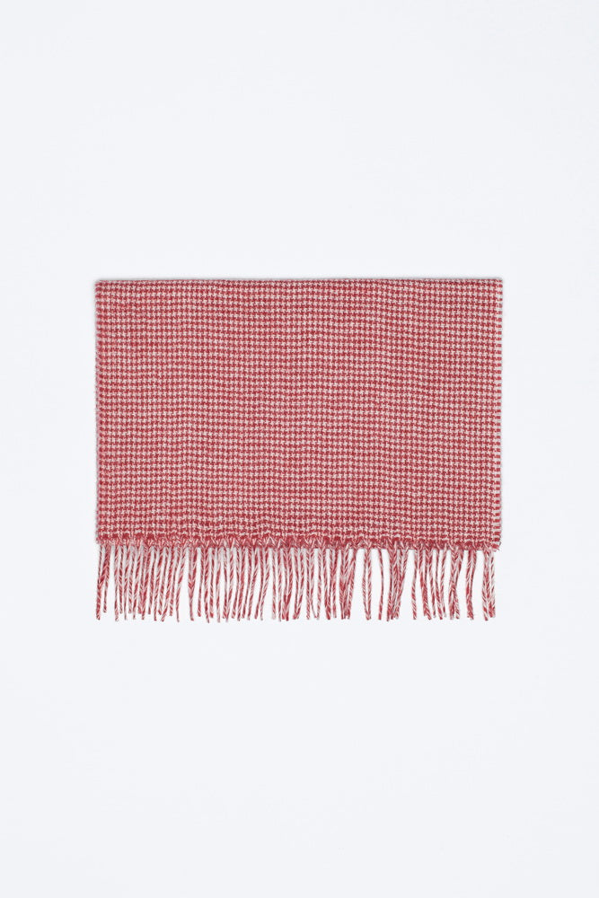 Crimson Check: Red and White Merino Wool Scarf 15-01