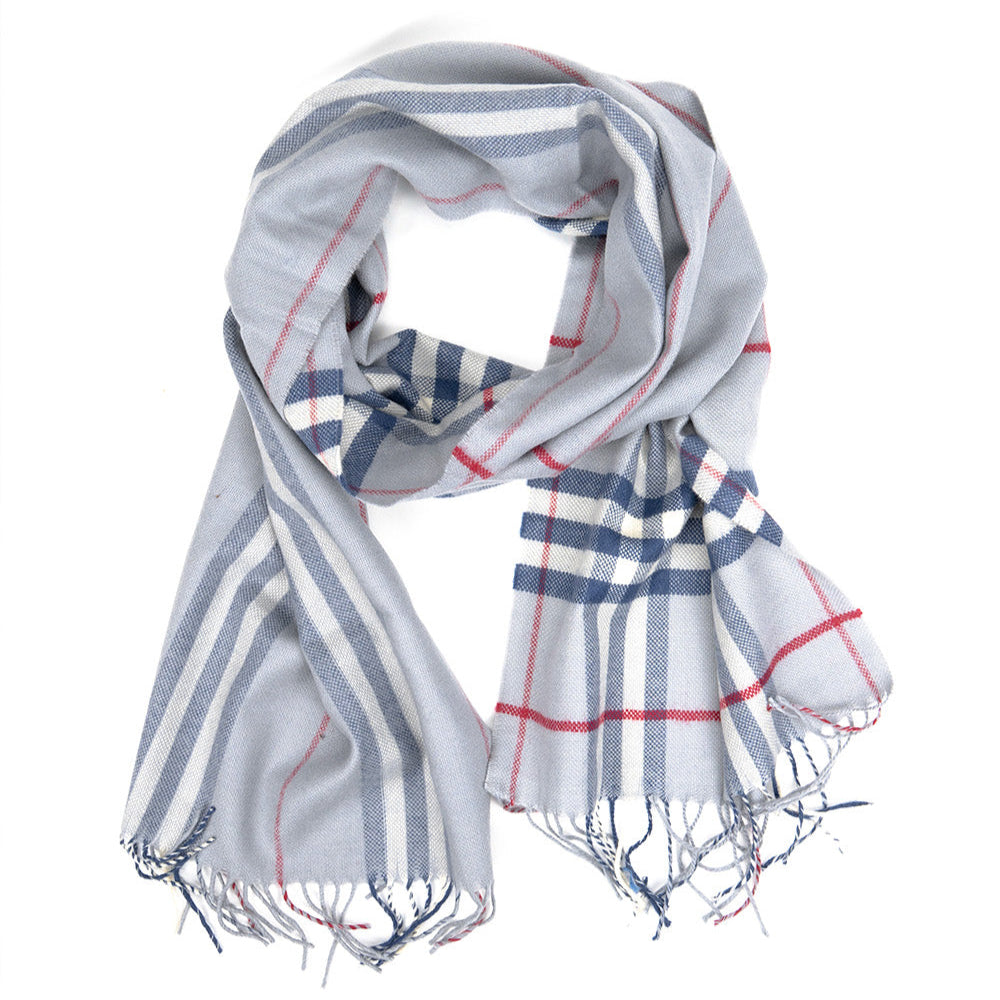 Crimson Stripe: Gray and White Checkered Merino Wool Scarf with Red Accent" 48-02