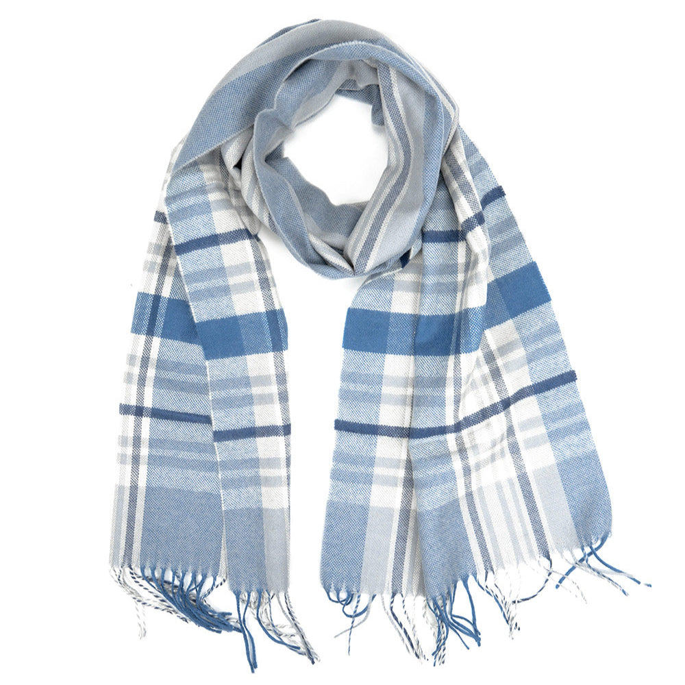 Azure Harmony: Blue and Blue-Grey Checkered Wool Scarf 38-03